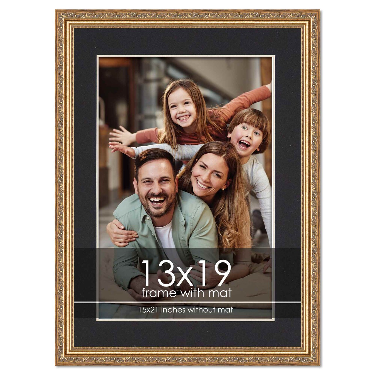 Antique Gold Frame with Black Photo Mat, UV Acrylic Front, Foam Board Backing, 60 Sizes Available